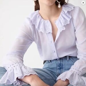 J Crew Long Sleeve Embroidered Ruffle-Collar Button Down Shirt with Eyelet